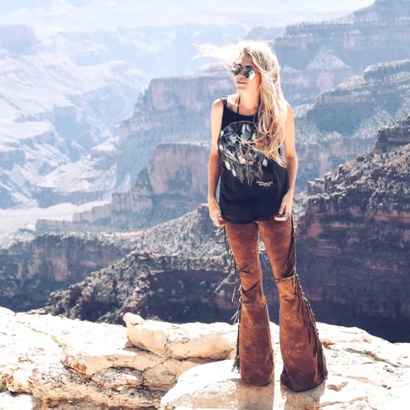 SHORT LENGTH High Waisted Fringe Bellbottoms in GOLDEN BROWN TIE DYE XS S M L XL - Picture 6 of 11